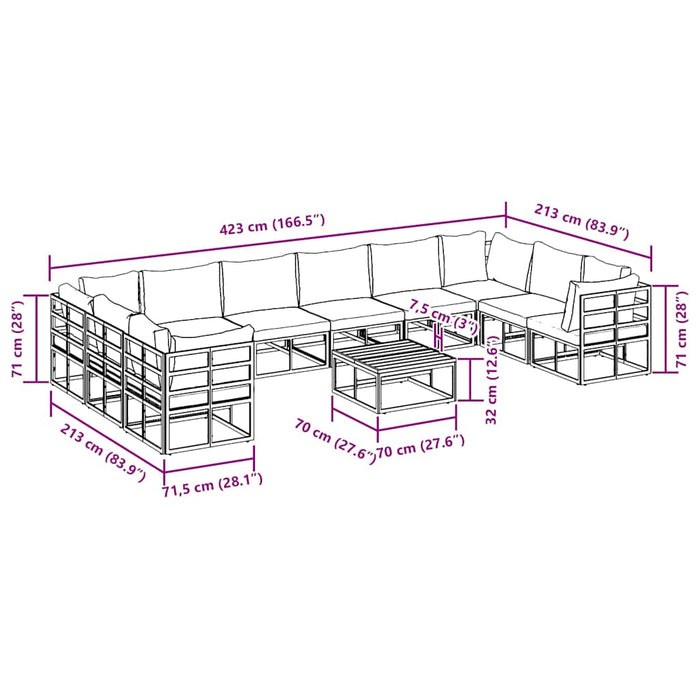 vidaXL Set Divano da Giardino con cuscino 11 pcs Nero Alluminio