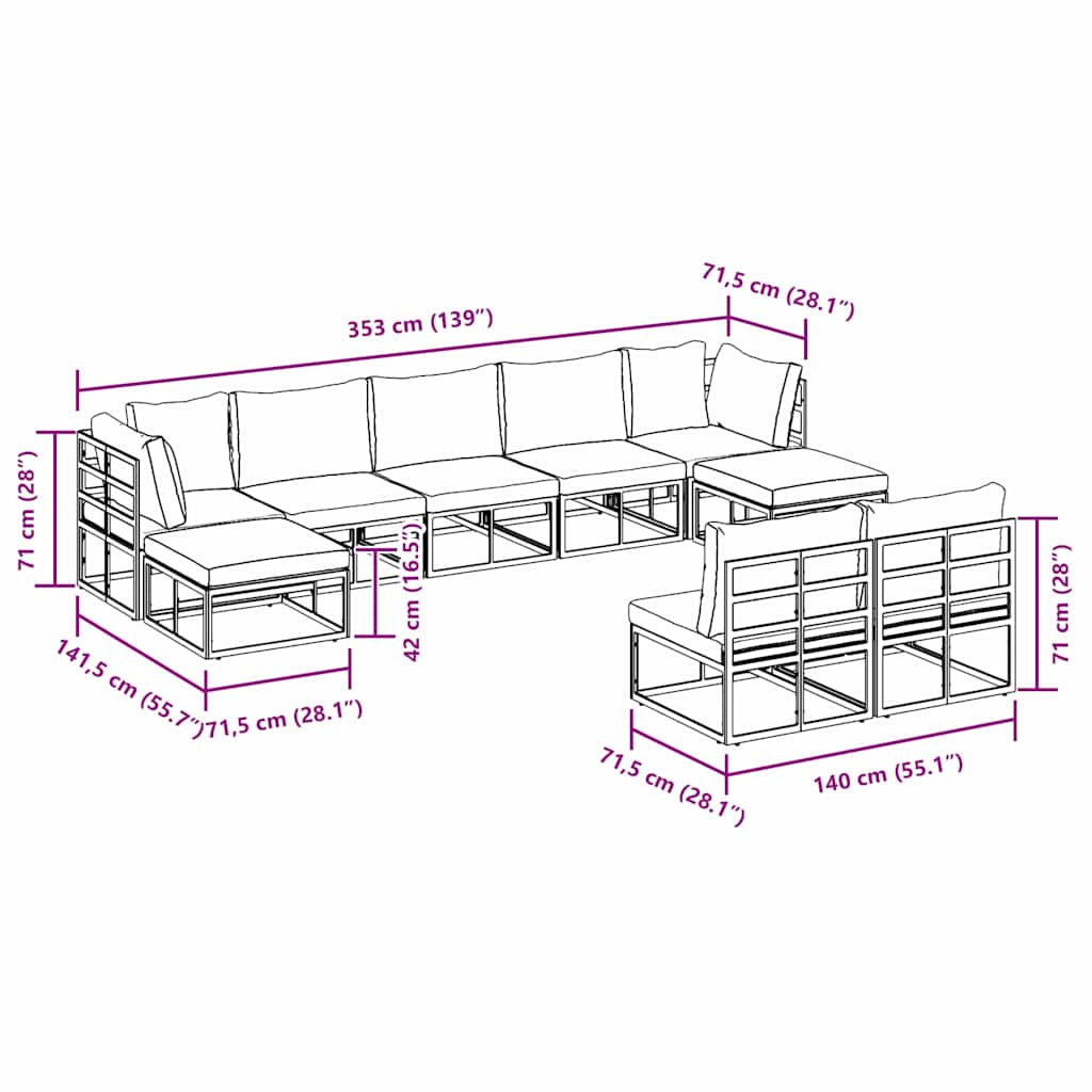 vidaXL Set Divano da Giardino con cuscino 9 pcs Nero Alluminio