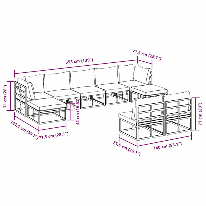 vidaXL Set Divano da Giardino con cuscino 9 pcs Nero Alluminio