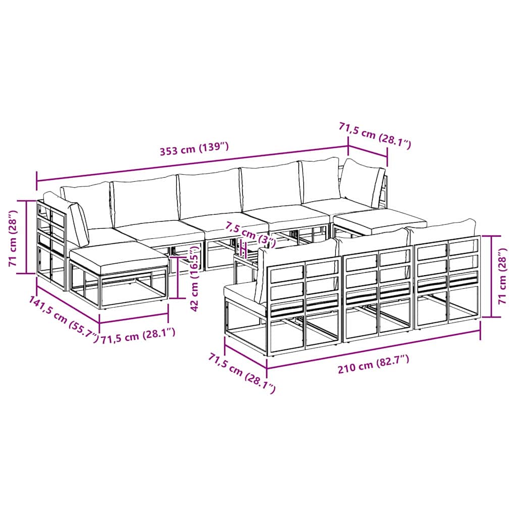 vidaXL Set Divano da Giardino con cuscino 11 pcs Nero Alluminio