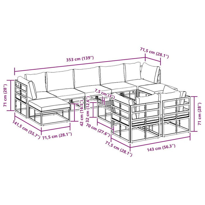 vidaXL Set Divano da Giardino con cuscino 10 pcs Nero Alluminio