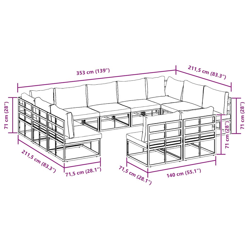 vidaXL Set Divano da Giardino con cuscino 11 pcs Nero Alluminio