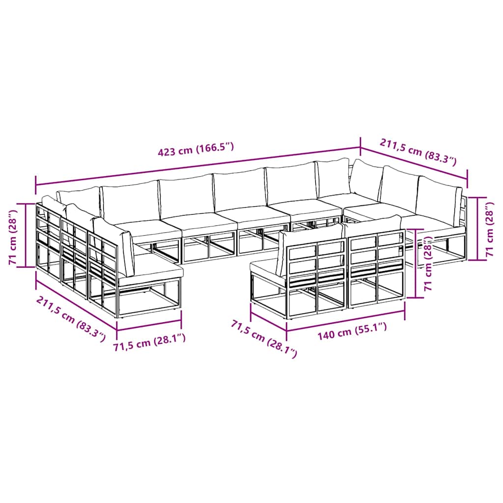 vidaXL Set Divano da Giardino con cuscino 12 pcs Nero Alluminio