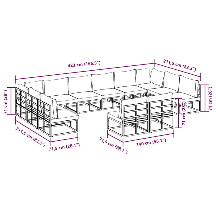 vidaXL Set Divano da Giardino con cuscino 12 pcs Nero Alluminio