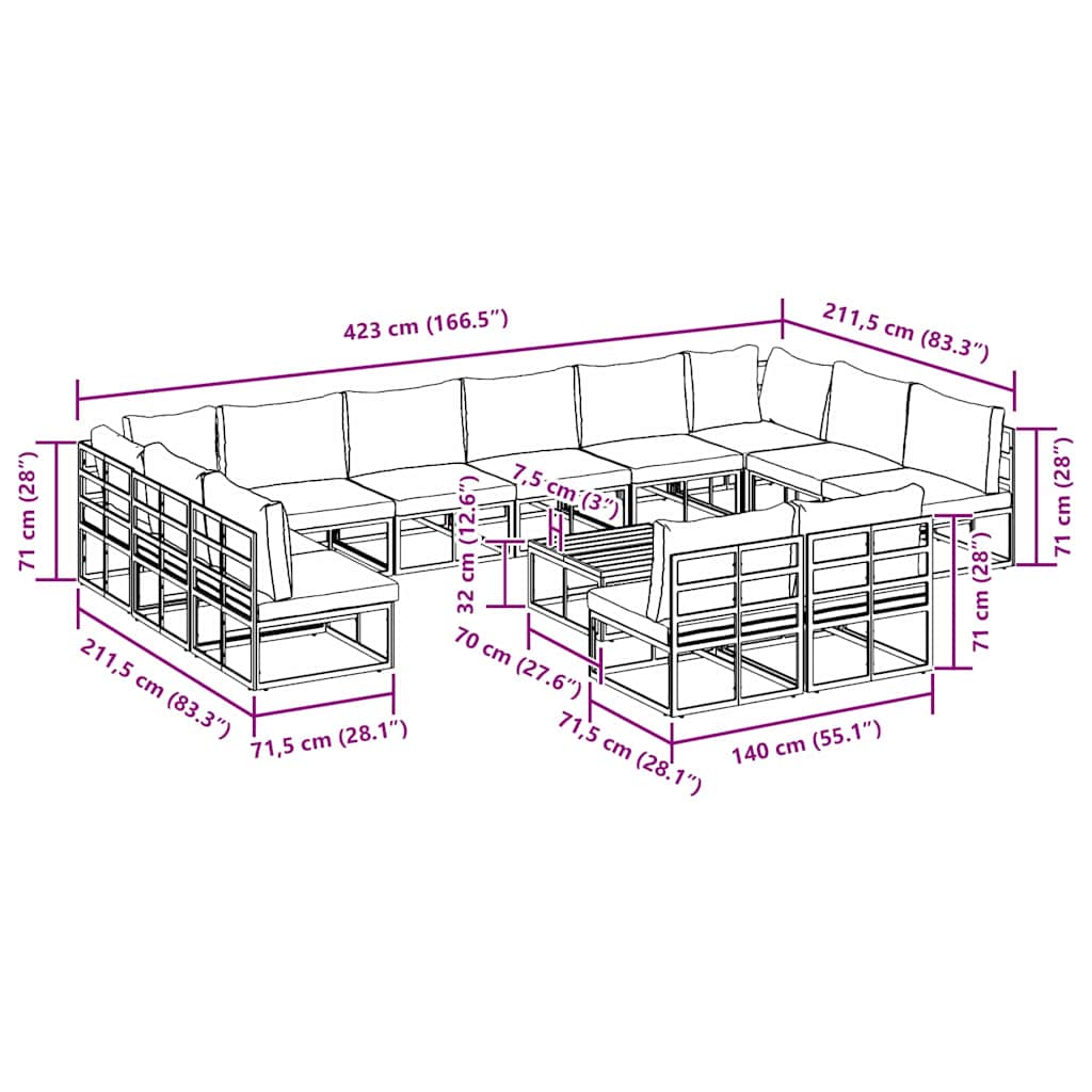 vidaXL Set Divano da Giardino con cuscino 13 pcs Nero Alluminio