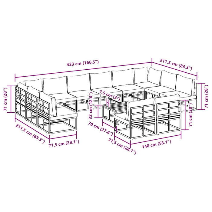 vidaXL Set Divano da Giardino con cuscino 13 pcs Nero Alluminio