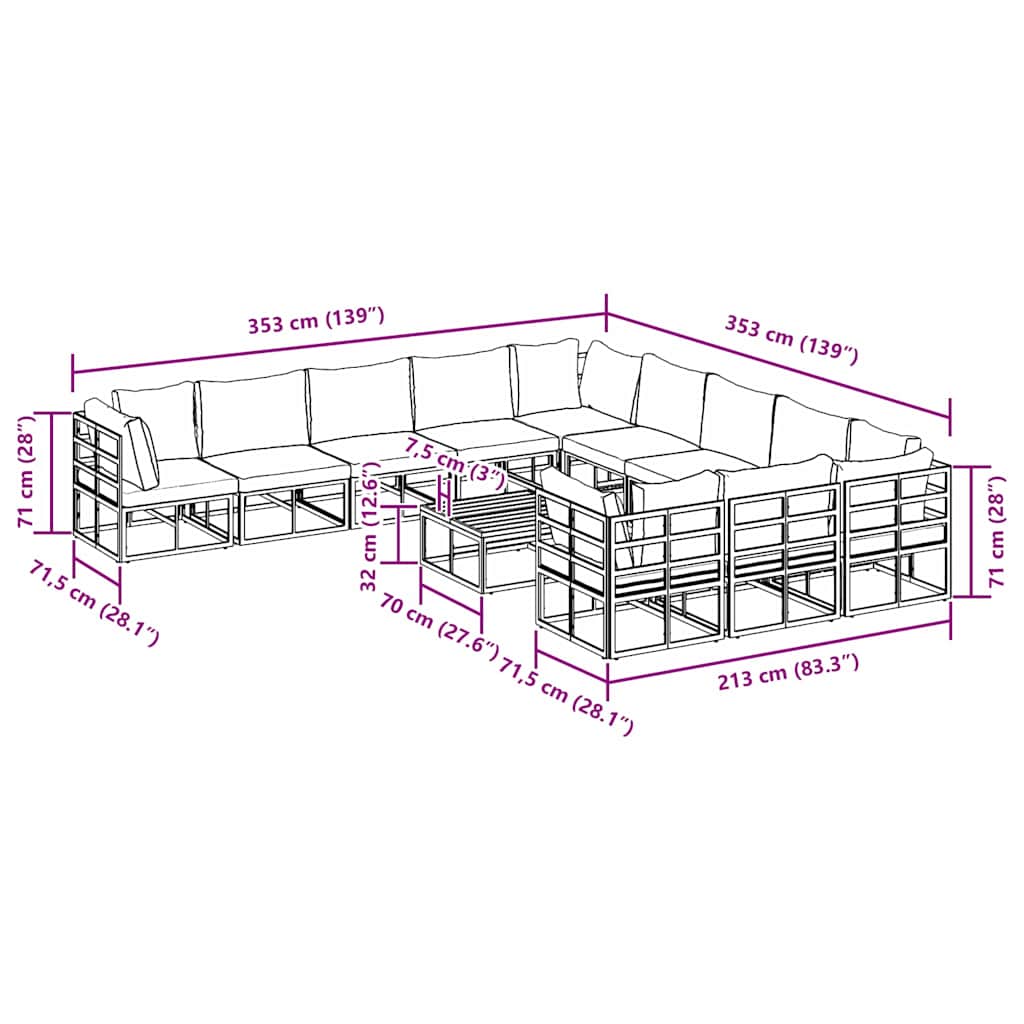 vidaXL Set Divano da Giardino con cuscino 12 pcs Nero Alluminio