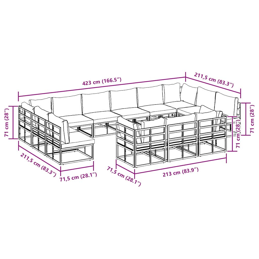 vidaXL Set Divano da Giardino con cuscino 13 pcs Nero Alluminio