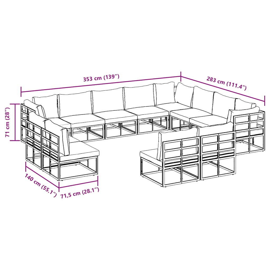 vidaXL Set Divano da Giardino con cuscino 12 pcs Nero Alluminio