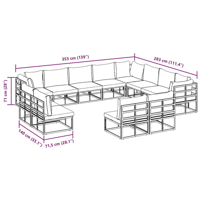 vidaXL Set Divano da Giardino con cuscino 12 pcs Nero Alluminio