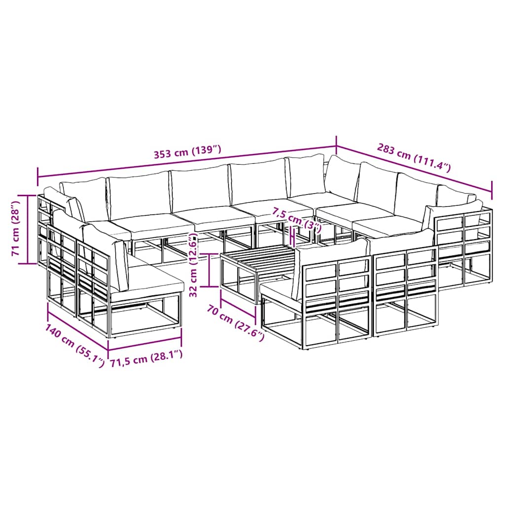 vidaXL Set Divano da Giardino con cuscino 13 pcs Nero Alluminio
