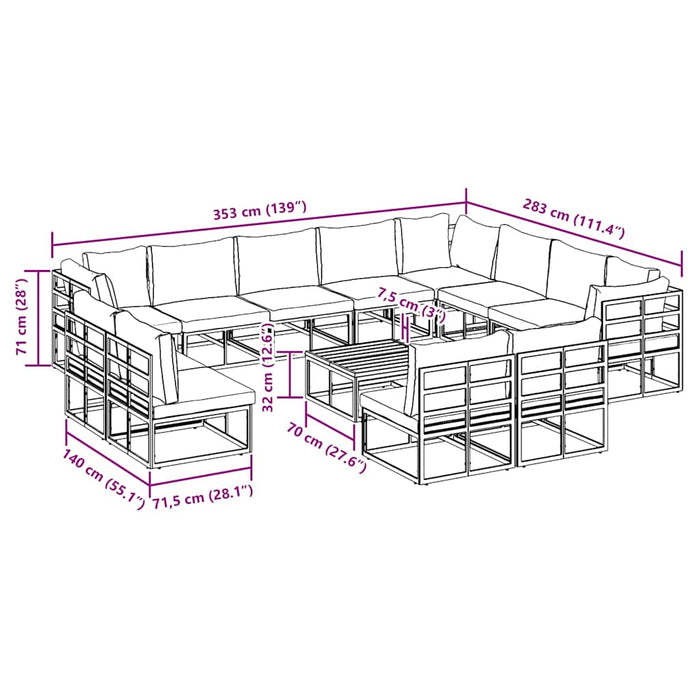 vidaXL Set Divano da Giardino con cuscino 13 pcs Nero Alluminio