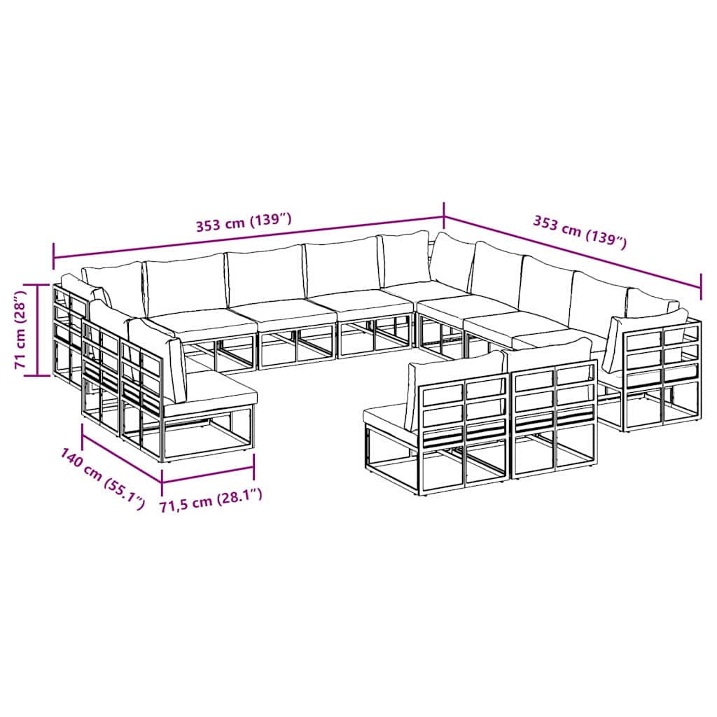 vidaXL Set Divano da Giardino con cuscino 13 pcs Nero Alluminio