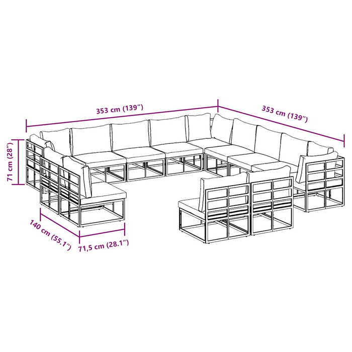 vidaXL Set Divano da Giardino con cuscino 13 pcs Nero Alluminio