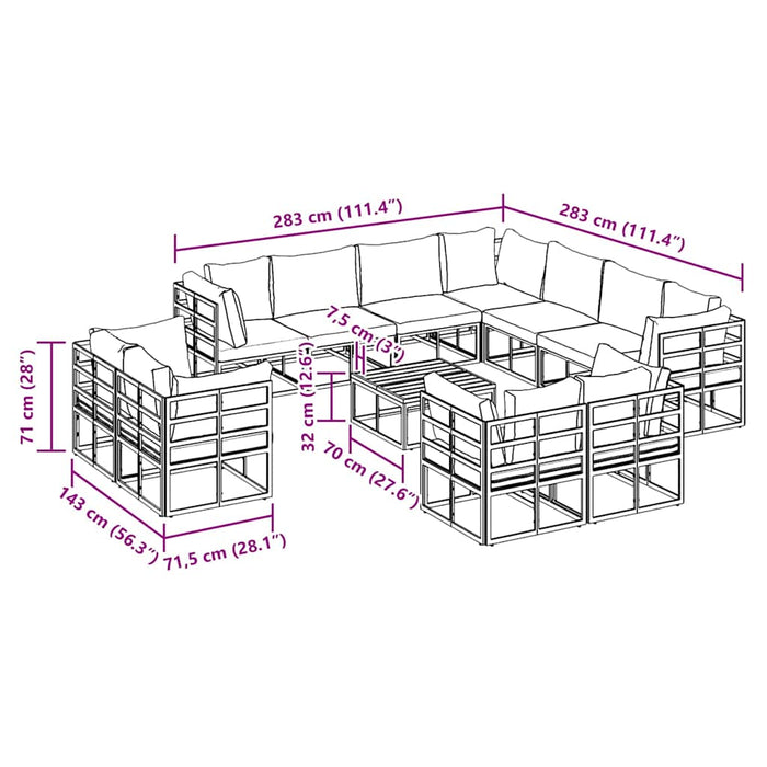 vidaXL Set Divano da Giardino con cuscino 12 pcs Nero Alluminio