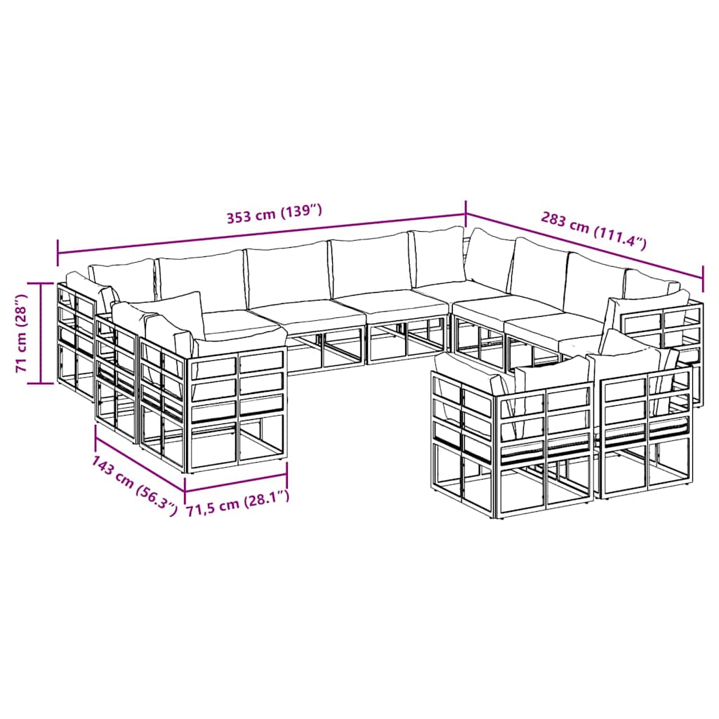 vidaXL Set Divano da Giardino con cuscino 12 pcs Nero Alluminio