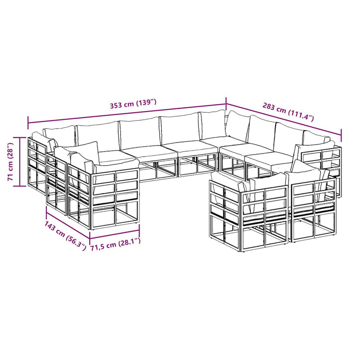 vidaXL Set Divano da Giardino con cuscino 12 pcs Nero Alluminio