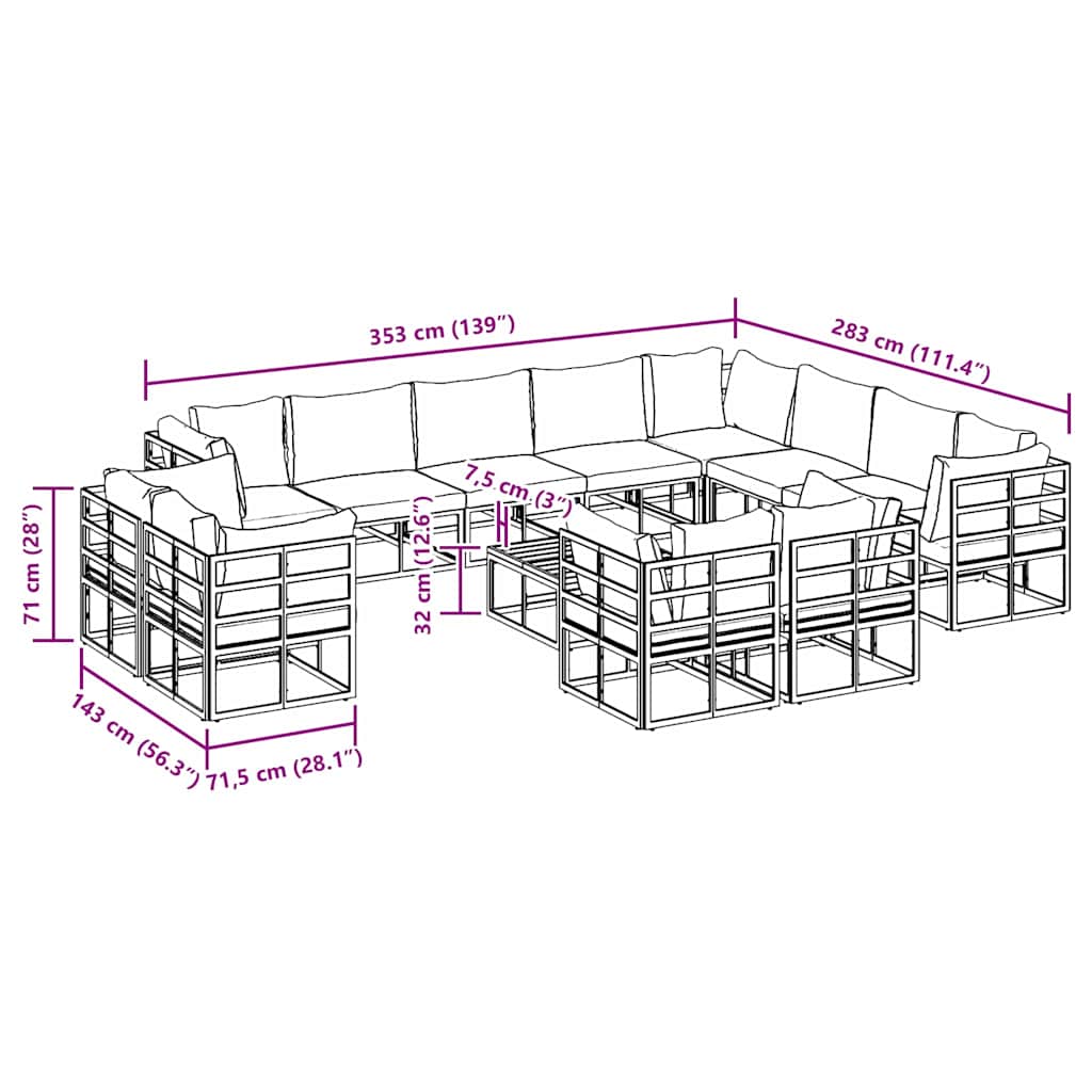 vidaXL Set Divano da Giardino con cuscino 13 pcs Nero Alluminio