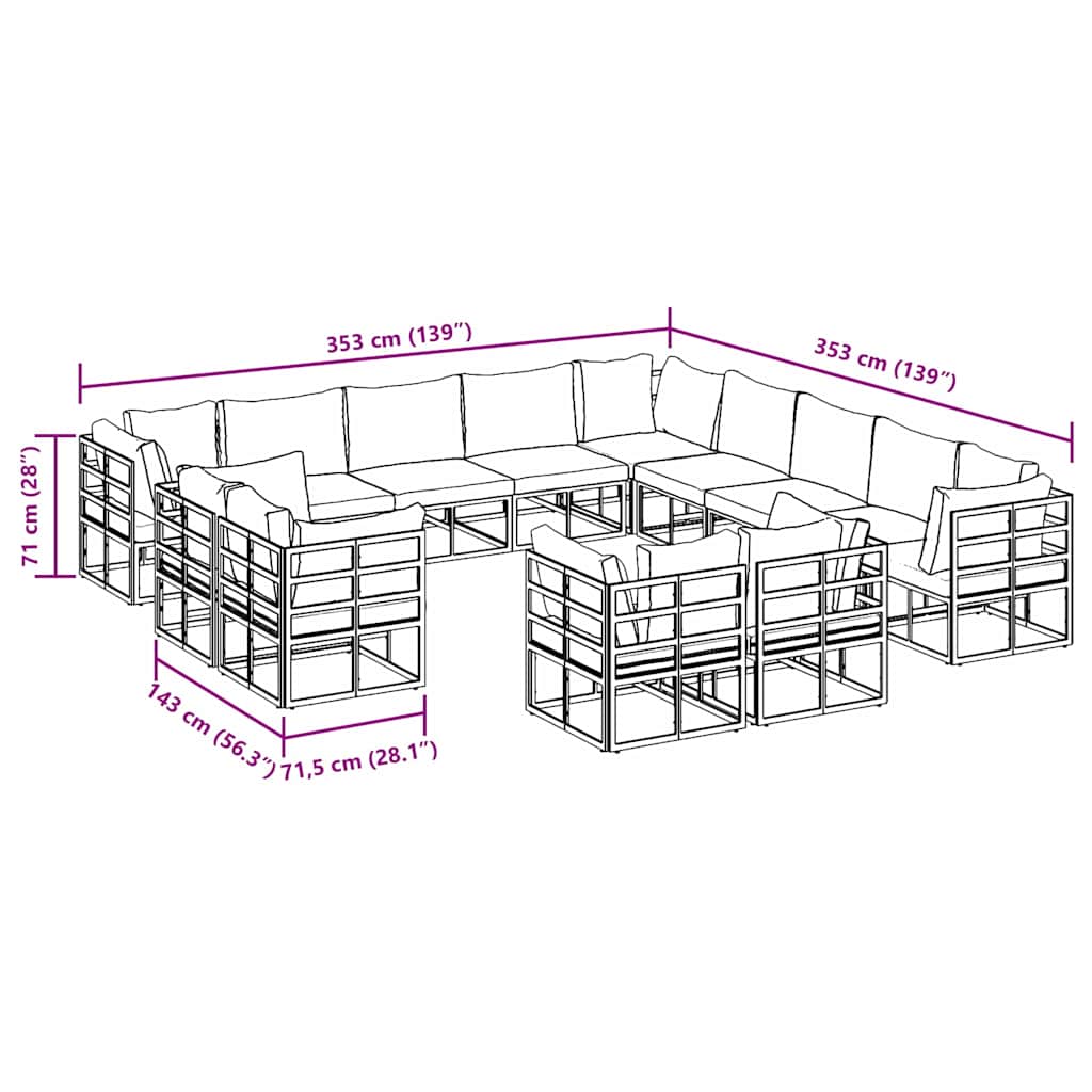 vidaXL Set Divano da Giardino con cuscino 13 pcs Nero Alluminio