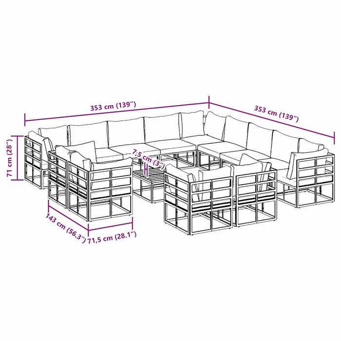vidaXL Set Divano da Giardino con cuscino 14 pcs Nero Alluminio