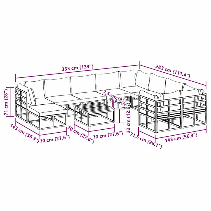vidaXL Set Divano da Giardino con cuscino 11 pcs Nero Alluminio