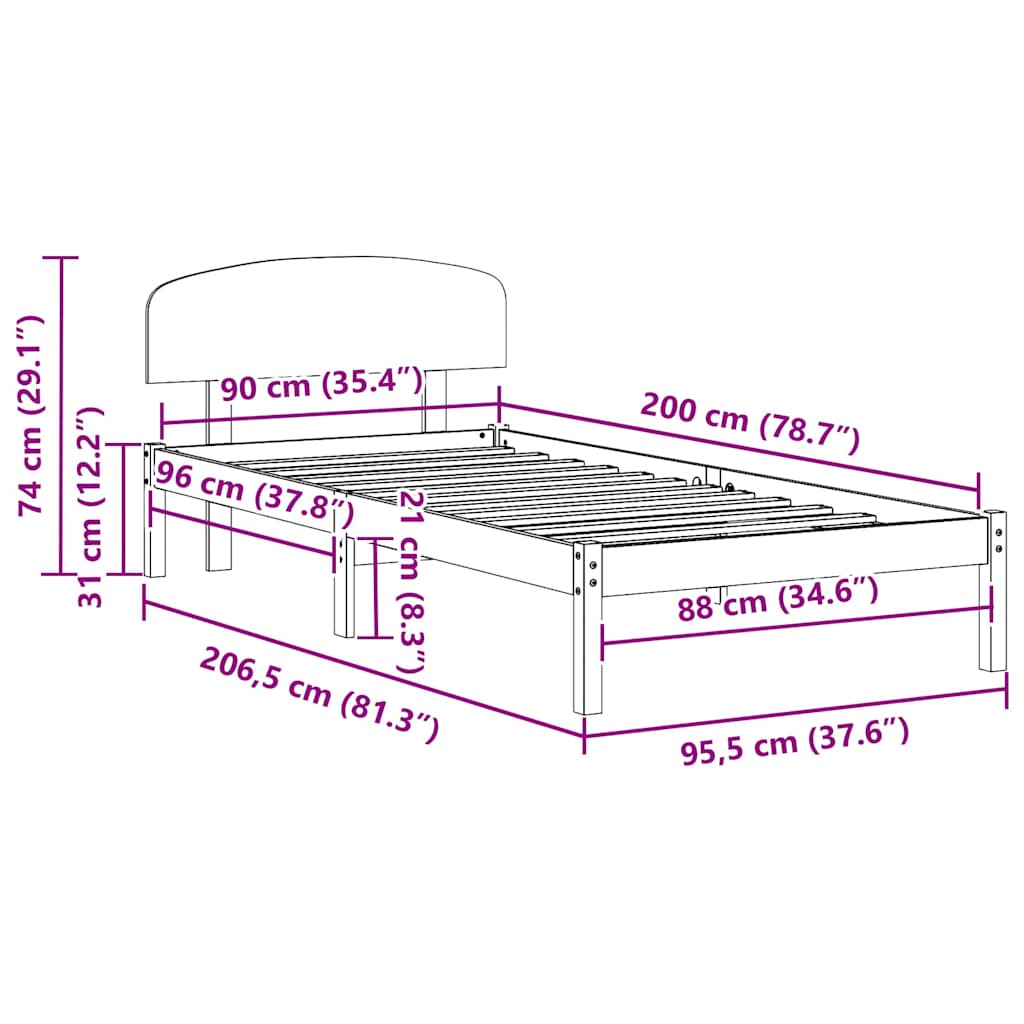 vidaXL Struttura del letto Marrone 90 x 200 cm Legno massello di pino