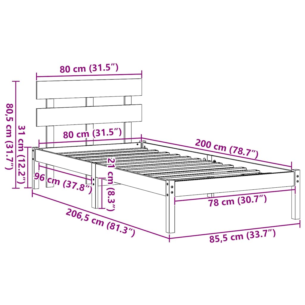 vidaXL Struttura del letto Bianco 80 x 200 cm Legno massello di pino