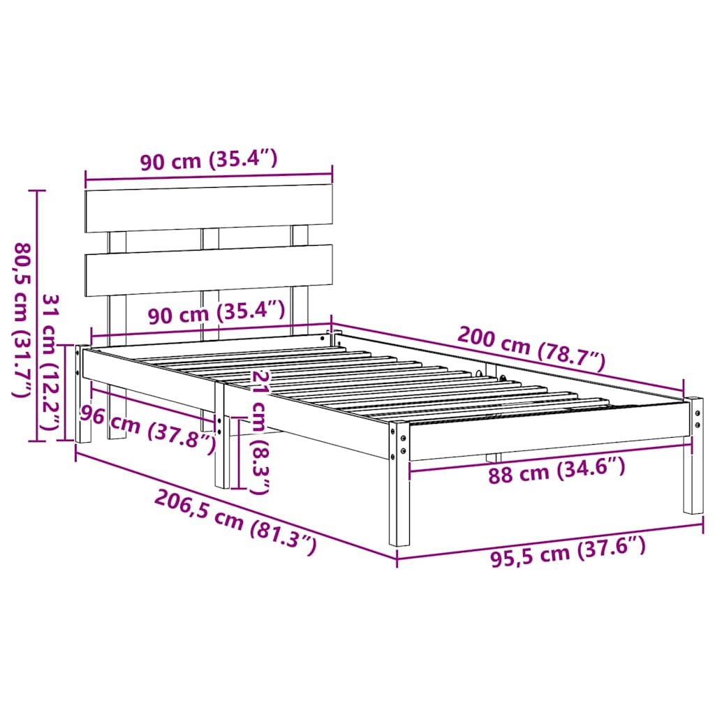 vidaXL Struttura del letto Marrone 90 x 200 cm Legno massello di pino