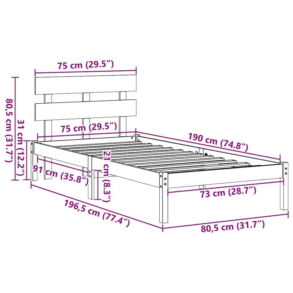 vidaXL Struttura del letto Marrone 75 x 190 cm Legno massello di pino