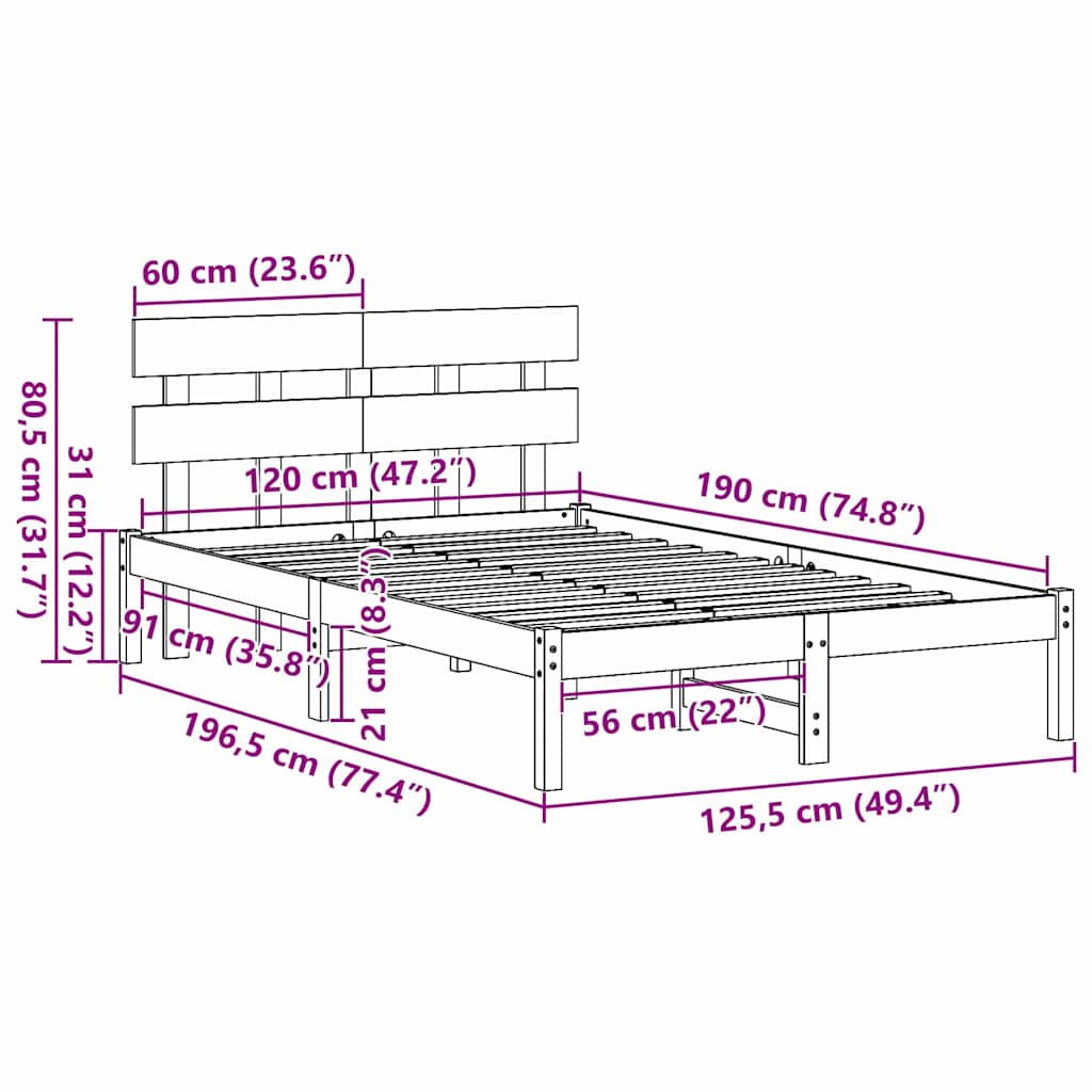 vidaXL Struttura del letto Marrone 120 x 190 cm Legno massello di pino