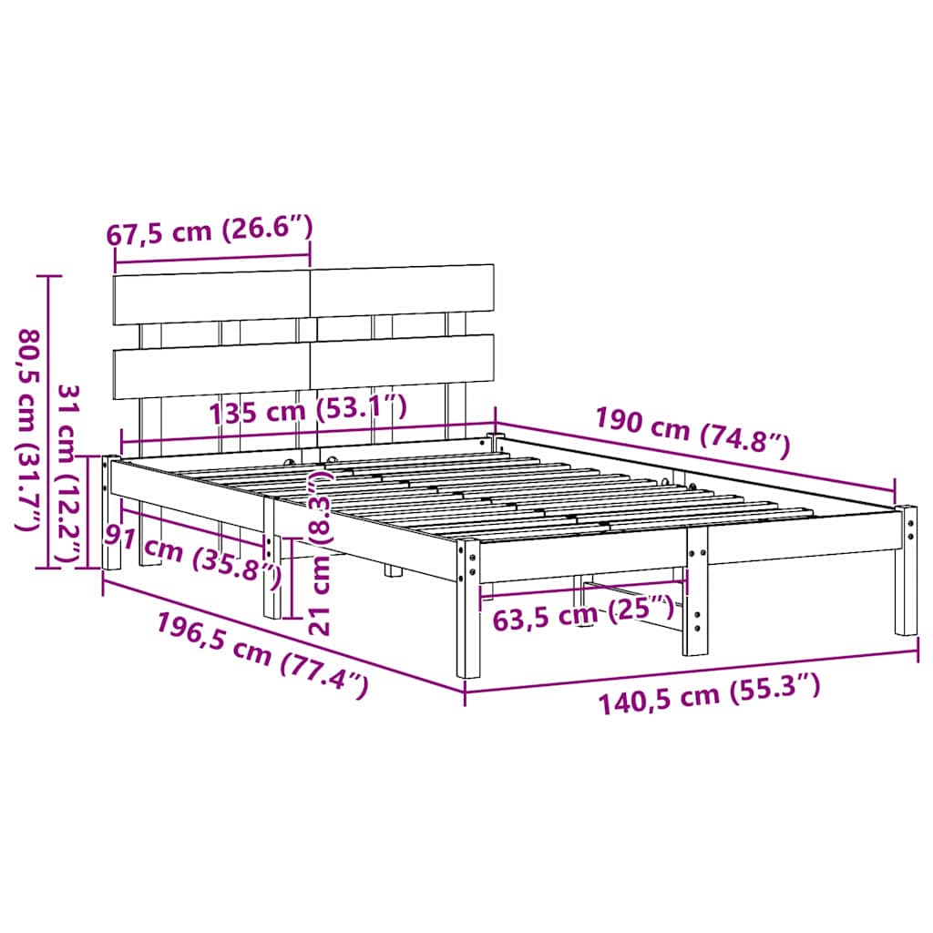 vidaXL Struttura del letto Marrone 135 x 190 cm Legno massello di pino