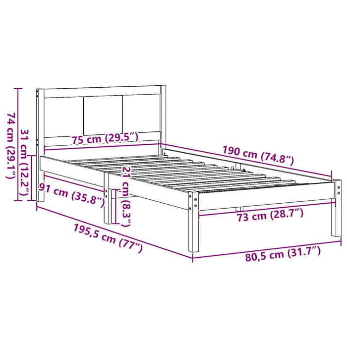 Struttura del letto Marrone 75 x 190 cm Legno massello di pino 872215