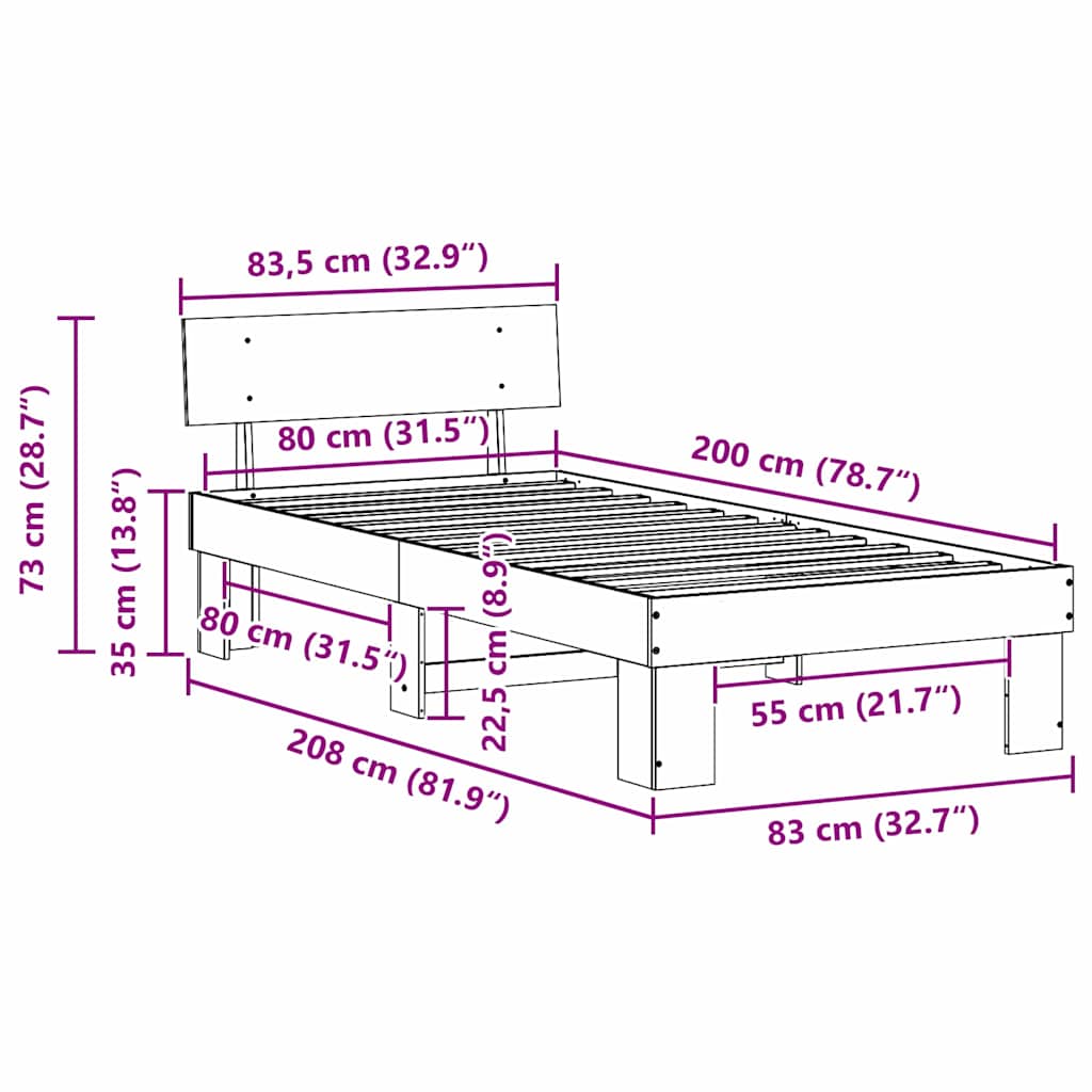 vidaXL Struttura del letto Marrone 80 x 200 cm Legno di pino massello