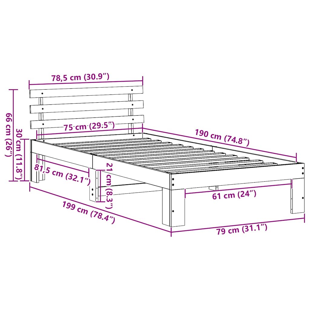 vidaXL Struttura del letto Bianco 75 x 190 cm Legno massello di pino