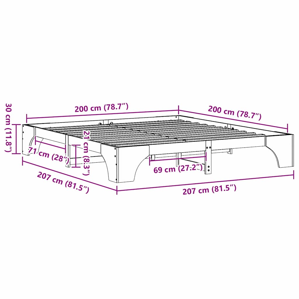 vidaXL Struttura del letto Pino massello 207 x 207 x 30 cm