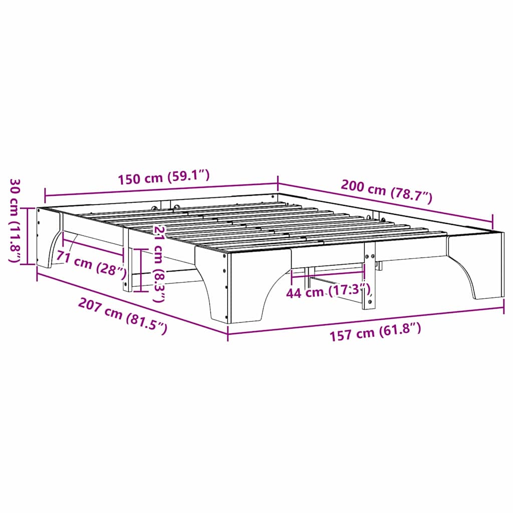 vidaXL Struttura del letto Pino massello 207 x 157 x 30 cm