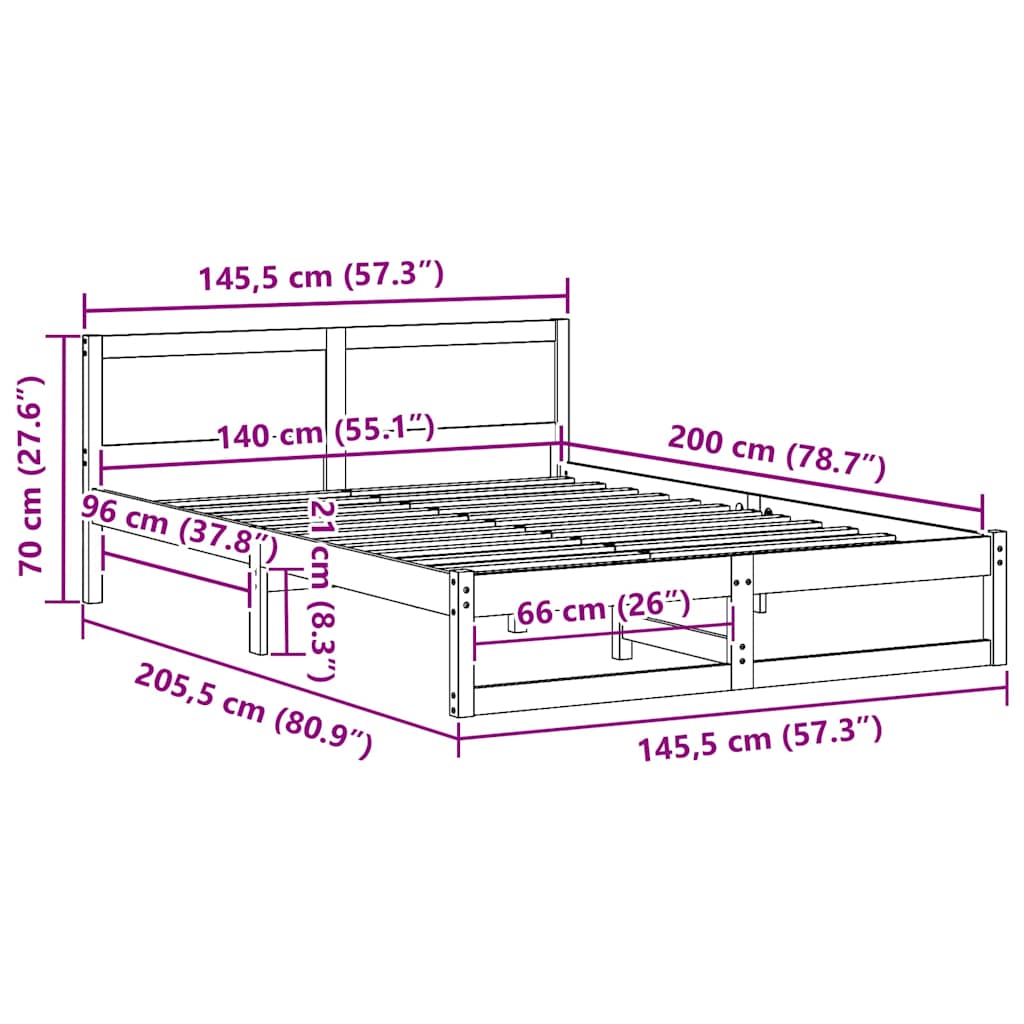 vidaXL Struttura del letto Marrone 140 x 200 cm Legno massello di pino
