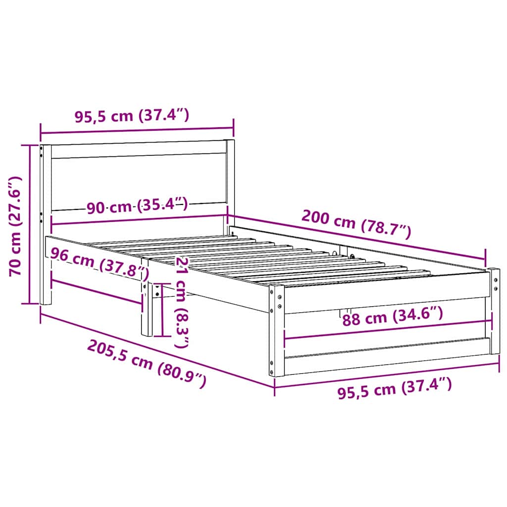 vidaXL Struttura del letto Marrone 90 x 200 cm Legno massello di pino