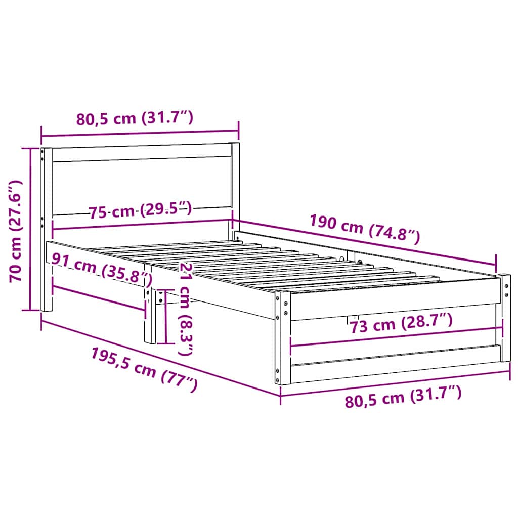 vidaXL Struttura del letto Marrone 75 x 190 cm Legno massello di pino