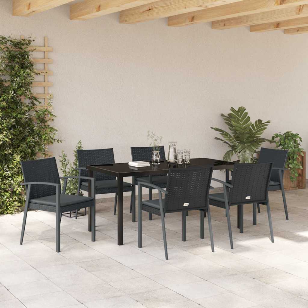 Set da pranzo da giardino  con 7 pezzi e cuscini in rattan sintetico nero. 3379069