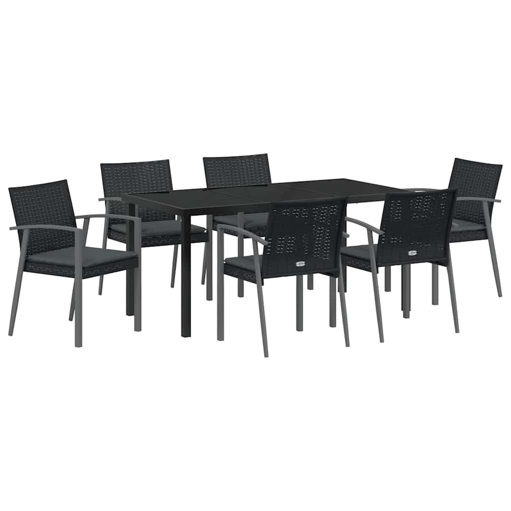 Set da pranzo da giardino  con 7 pezzi e cuscini in rattan sintetico nero. 3379069