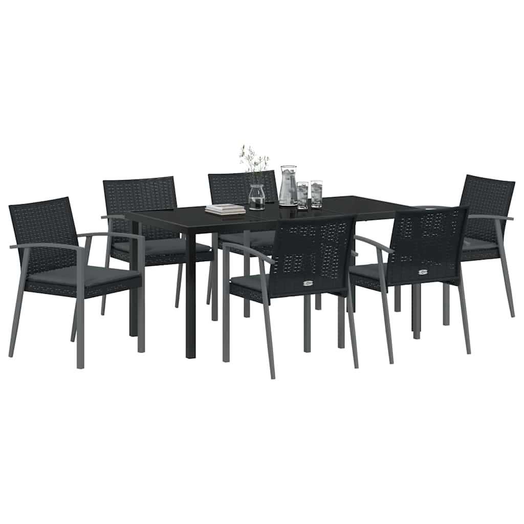 Set da pranzo da giardino  con 7 pezzi e cuscini in rattan sintetico nero. 3379069