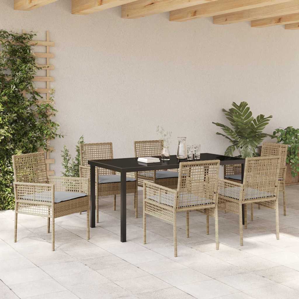Set Pranzo Giardino 7 Pezzi con Cuscini Rattan Polietilene Beige 3379888