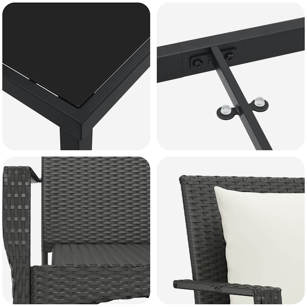 Set da Pranzo per Giardino con cuscino 3 pcs Nero Poly Rattan 3380071