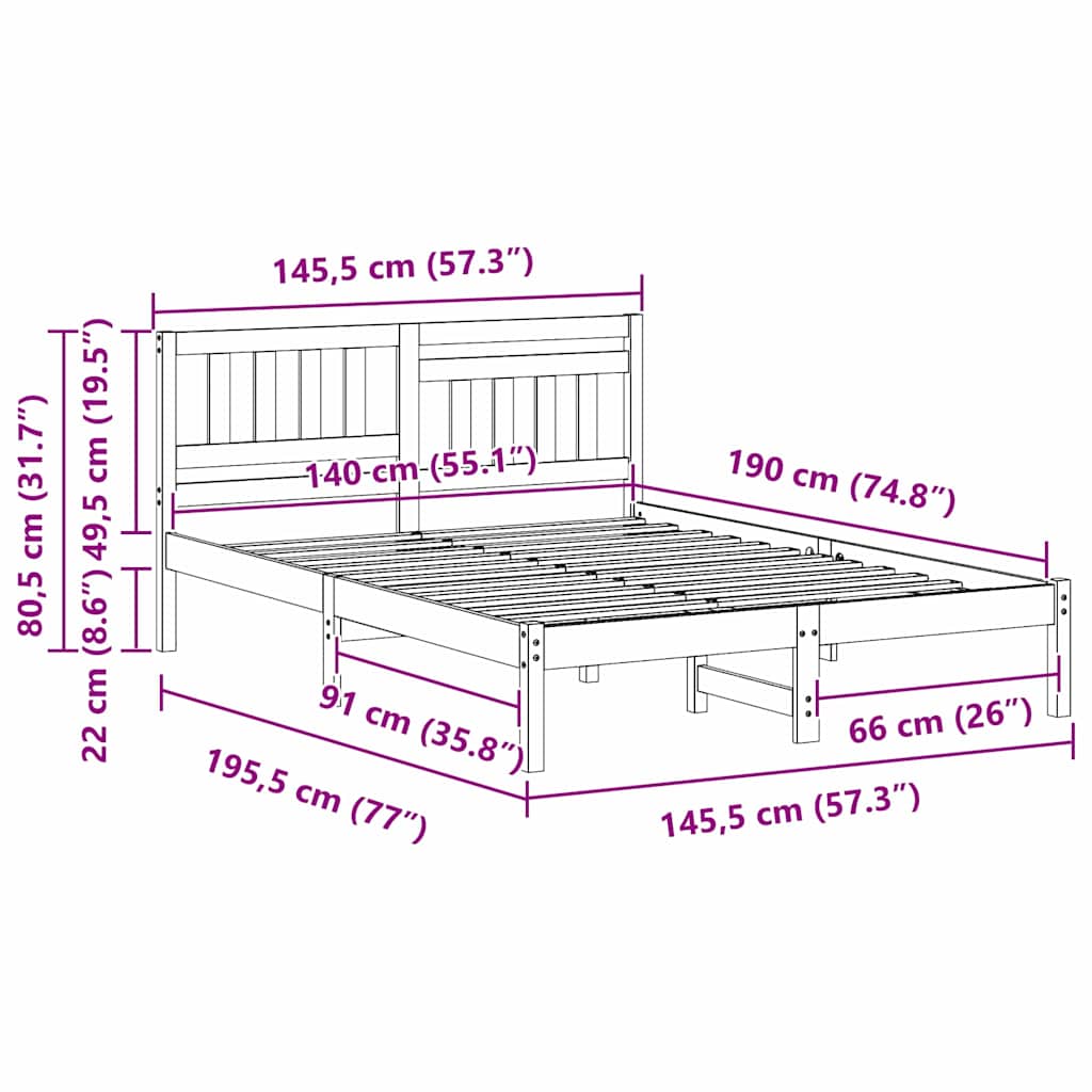 vidaXL Struttura del letto Marrone 140 x 190 cm Legno di pino massello