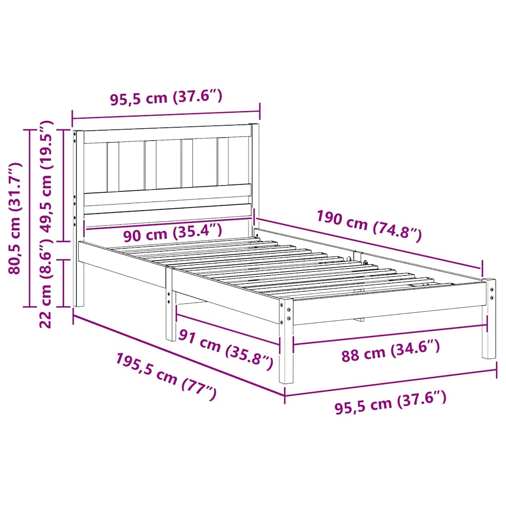 vidaXL Struttura del letto Marrone 90 x 190 cm Legno di pino massello
