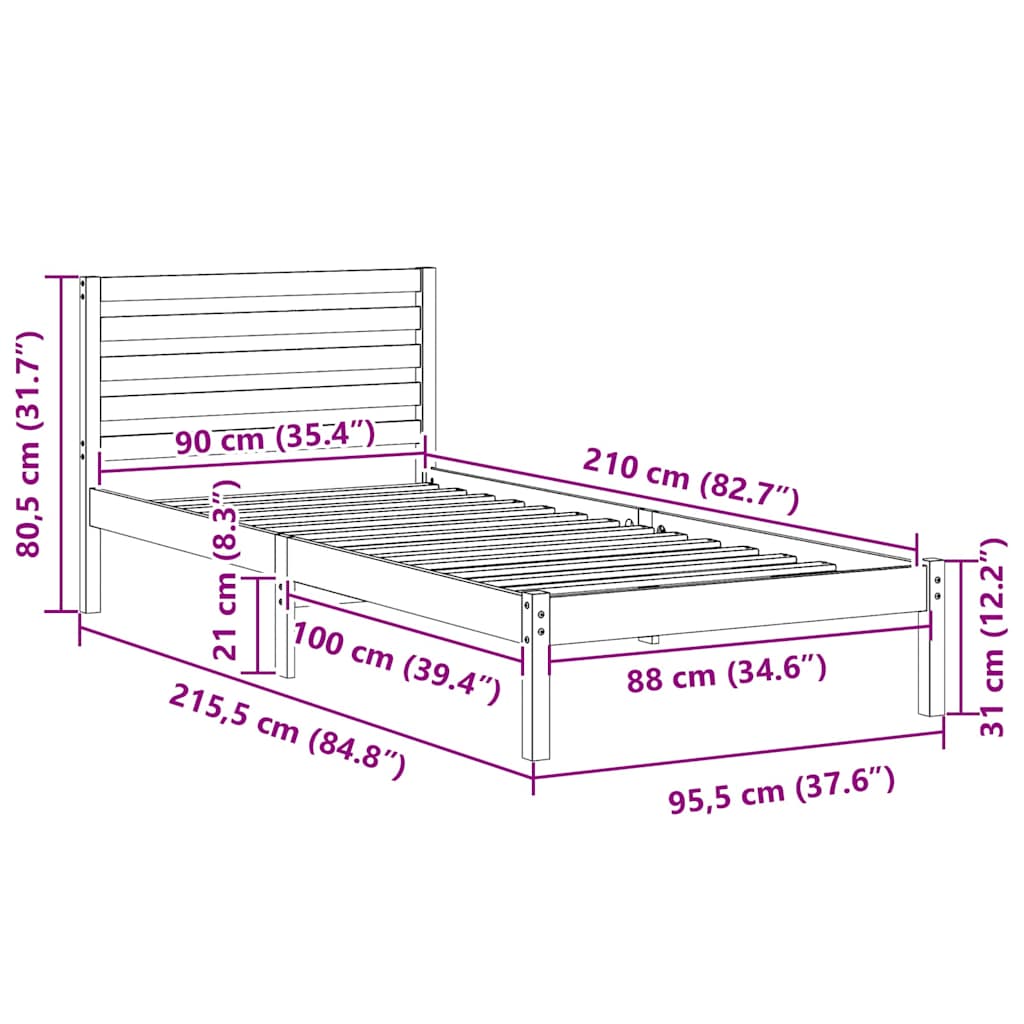vidaXL Struttura del letto Bianco 90 x 210 cm Legno di pino massello