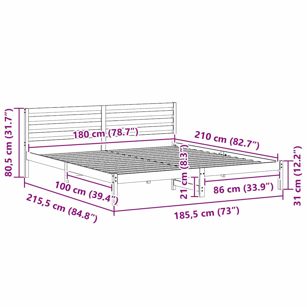 vidaXL Struttura del letto Marrone 180 x 210 cm Legno di pino massello