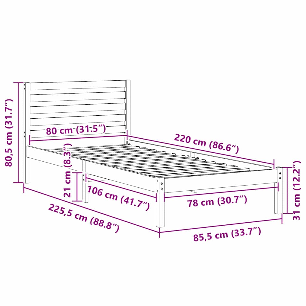vidaXL Struttura del letto Marrone 80 x 220 cm Legno di pino massello