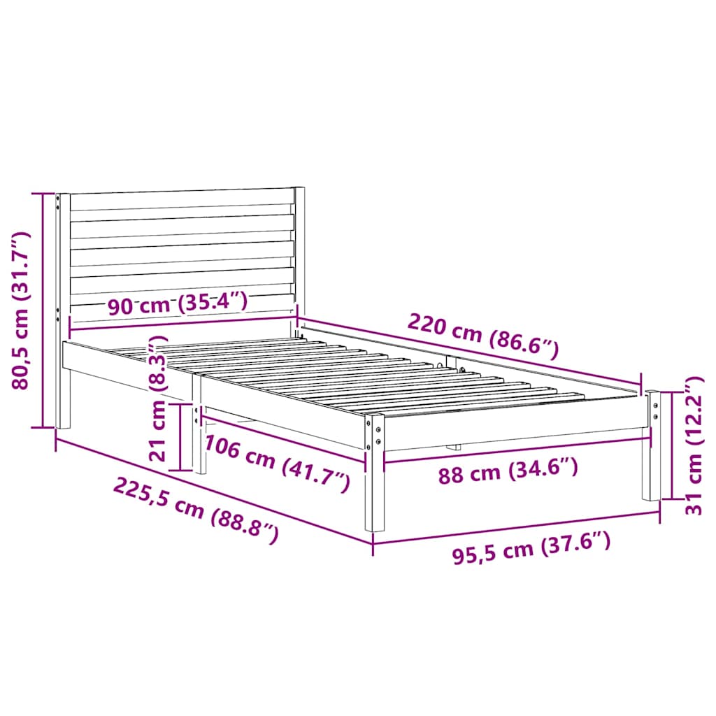 vidaXL Struttura del letto Marrone 90 x 220 cm Legno di pino massello